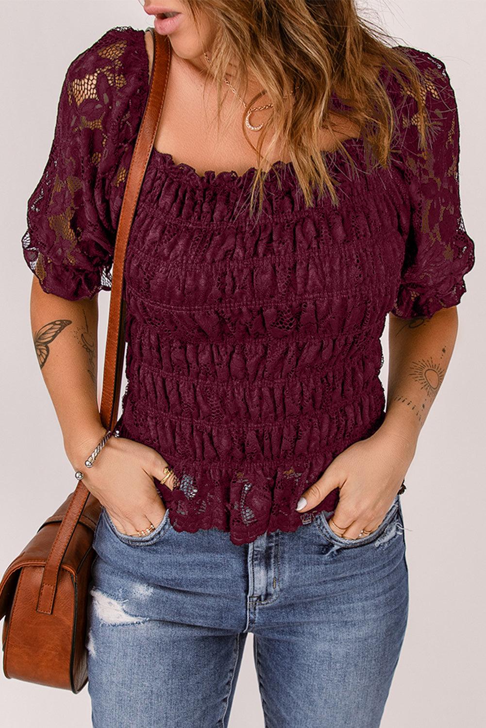 Floral Lace Crochet Ruffled Shirred Square Neck Top - L & M Kee, LLC