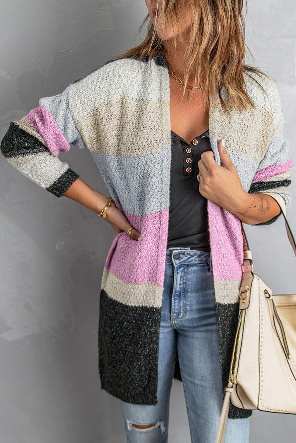 Contrast Color Block Open Front Knitted Cardigan - L & M Kee, LLC