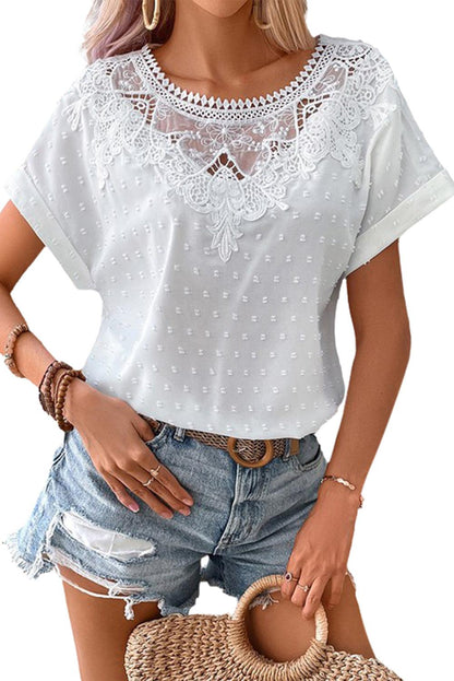 Lace Swiss Dot Cuffed Sleeves Top - L & M Kee, LLC