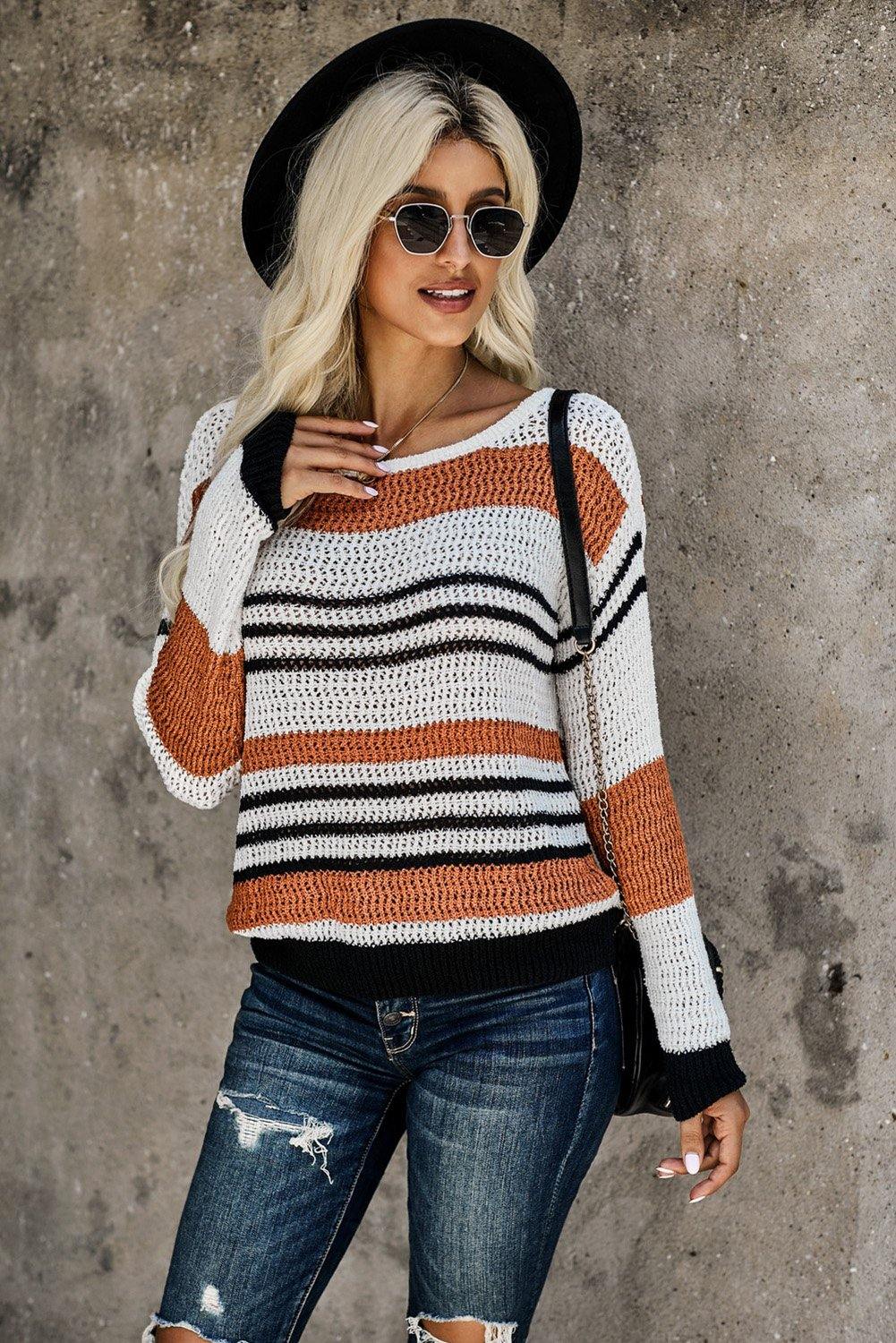 Loose Fit Striped Pattern Sweater - L & M Kee, LLC