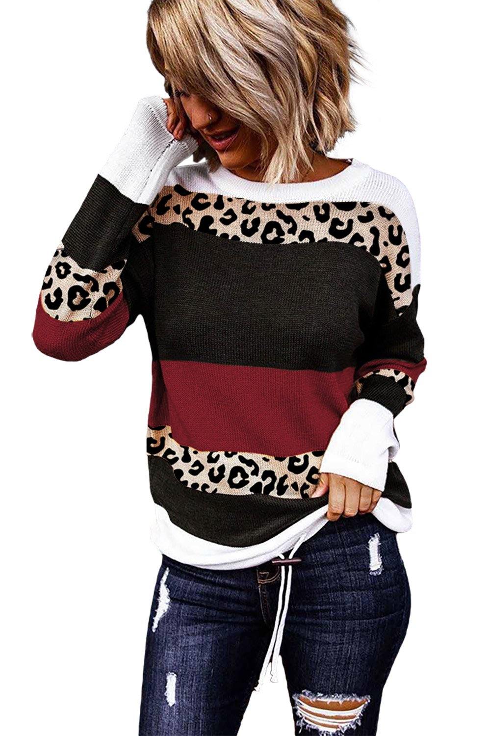 Crewneck Leopard Color Block Knit Pullover Sweater - L & M Kee, LLC