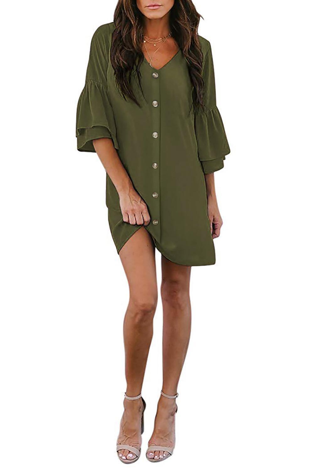 V Neck Buttoned Bell Sleeve Shift Shirt Dress - L & M Kee, LLC