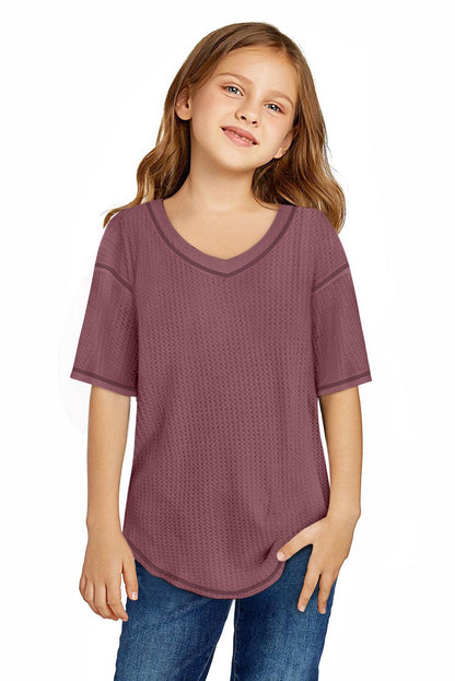 Textured V Neck Short Sleeve Girl's T Shirt - L & M Kee, LLC