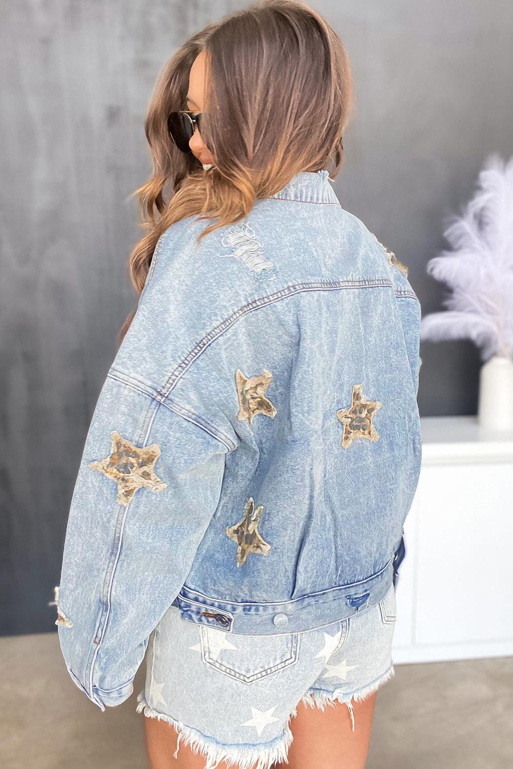 Leopard Star Distressed Cropped Denim Jacket - L & M Kee, LLC