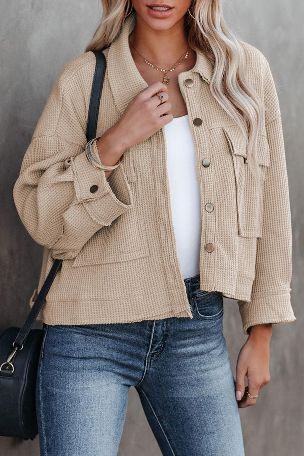 Waffle Knit Buttons Cropped Jacket with Pockets - L & M Kee, LLC