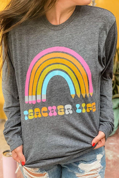 Rainbow Letter Print Crew Neck Graphic Sweatshirt - L & M Kee, LLC