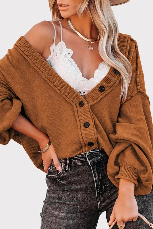 Reverse Seam Trim Puff Sleeve Plunging Cardigan - L & M Kee, LLC