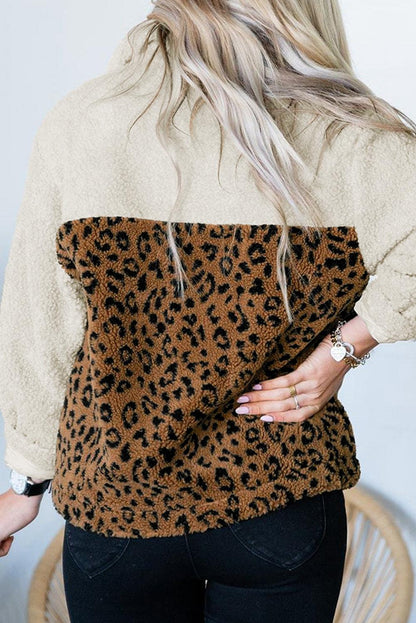 Plus Size Leopard Colorblock Zipped Sherpa Pullover - L & M Kee, LLC