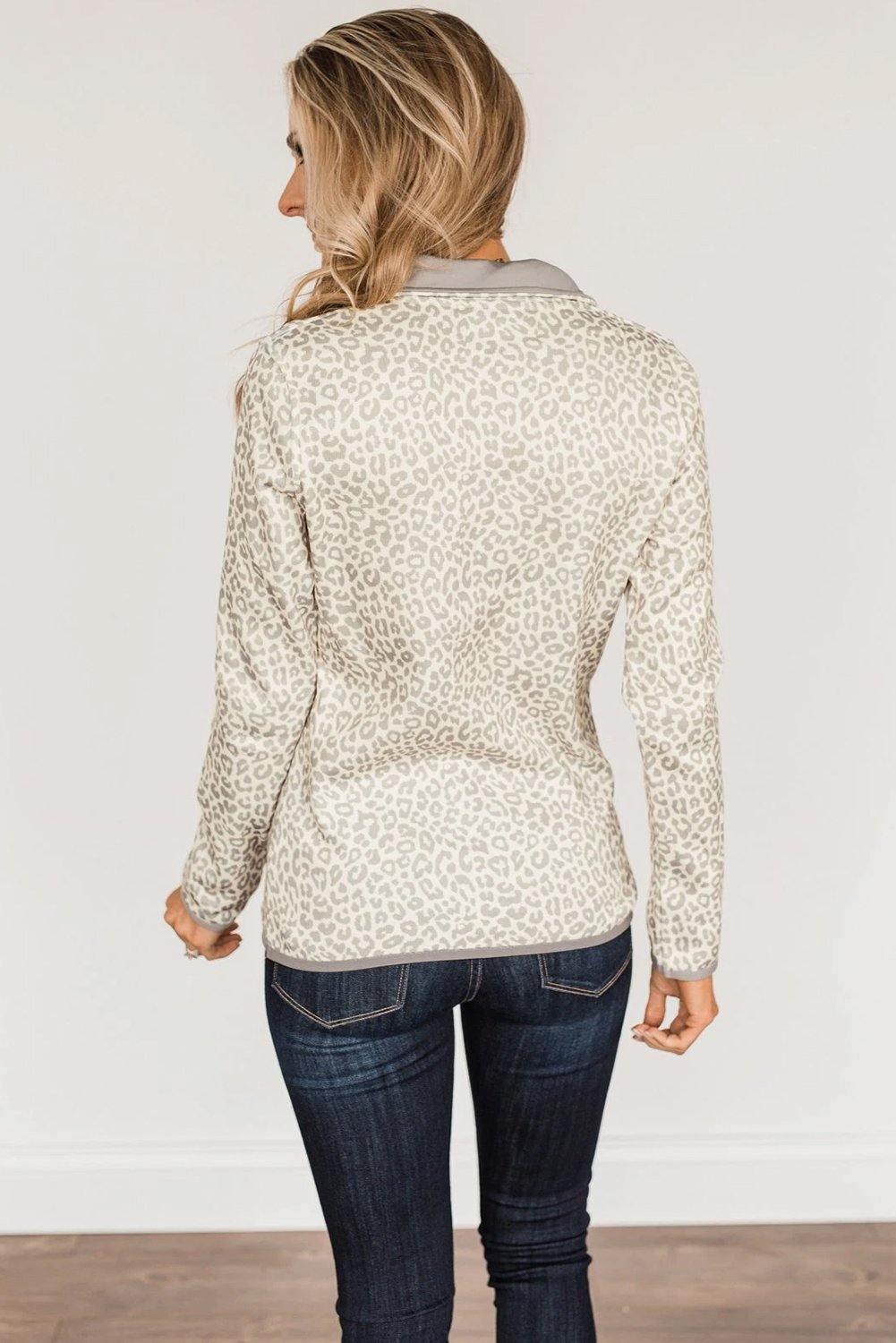 Beige Lapel Snap Front Pocket Leopard Print Sweatshirt - L & M Kee, LLC