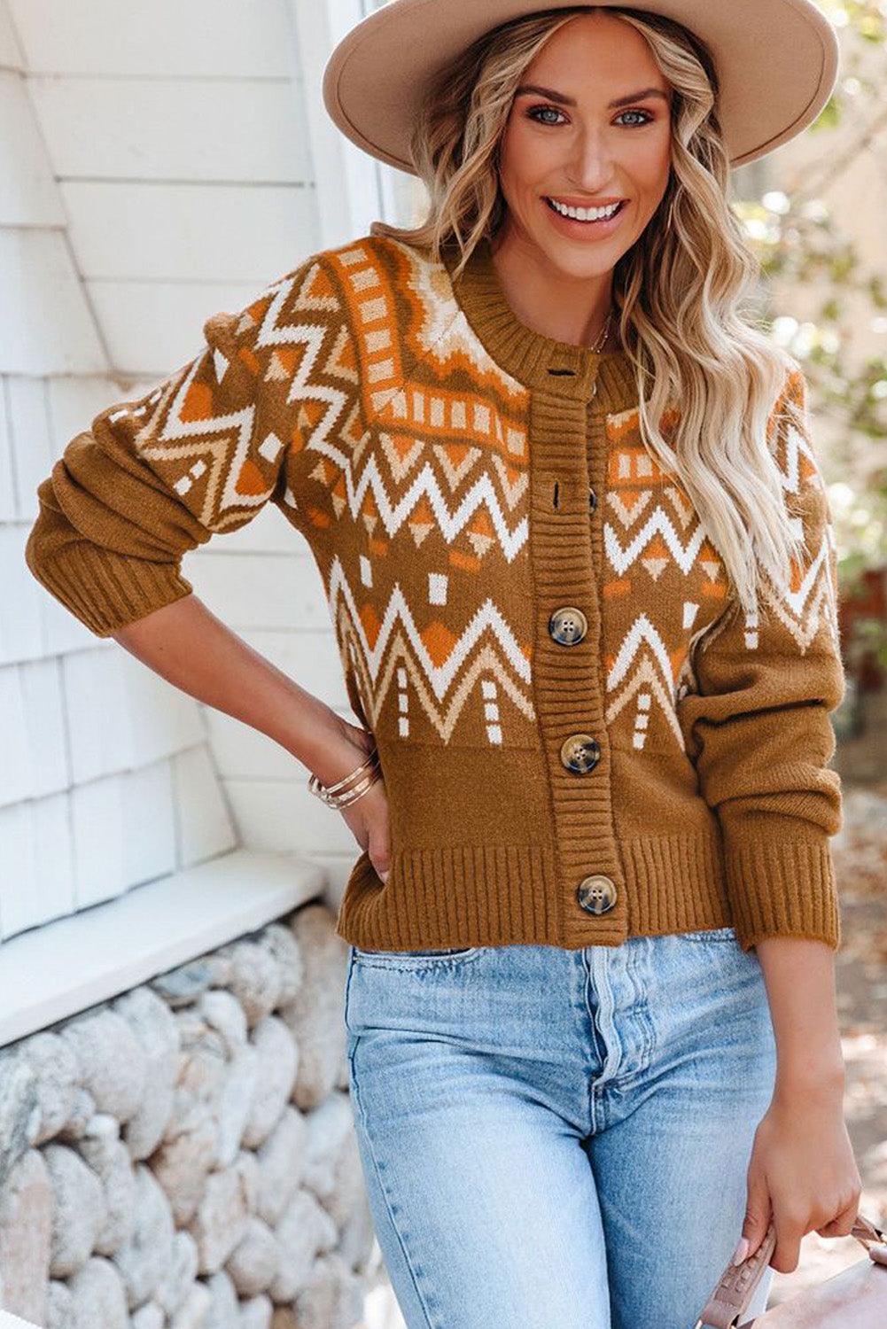 Geometric Pattern Buttoned Knit Cardigan - L & M Kee, LLC