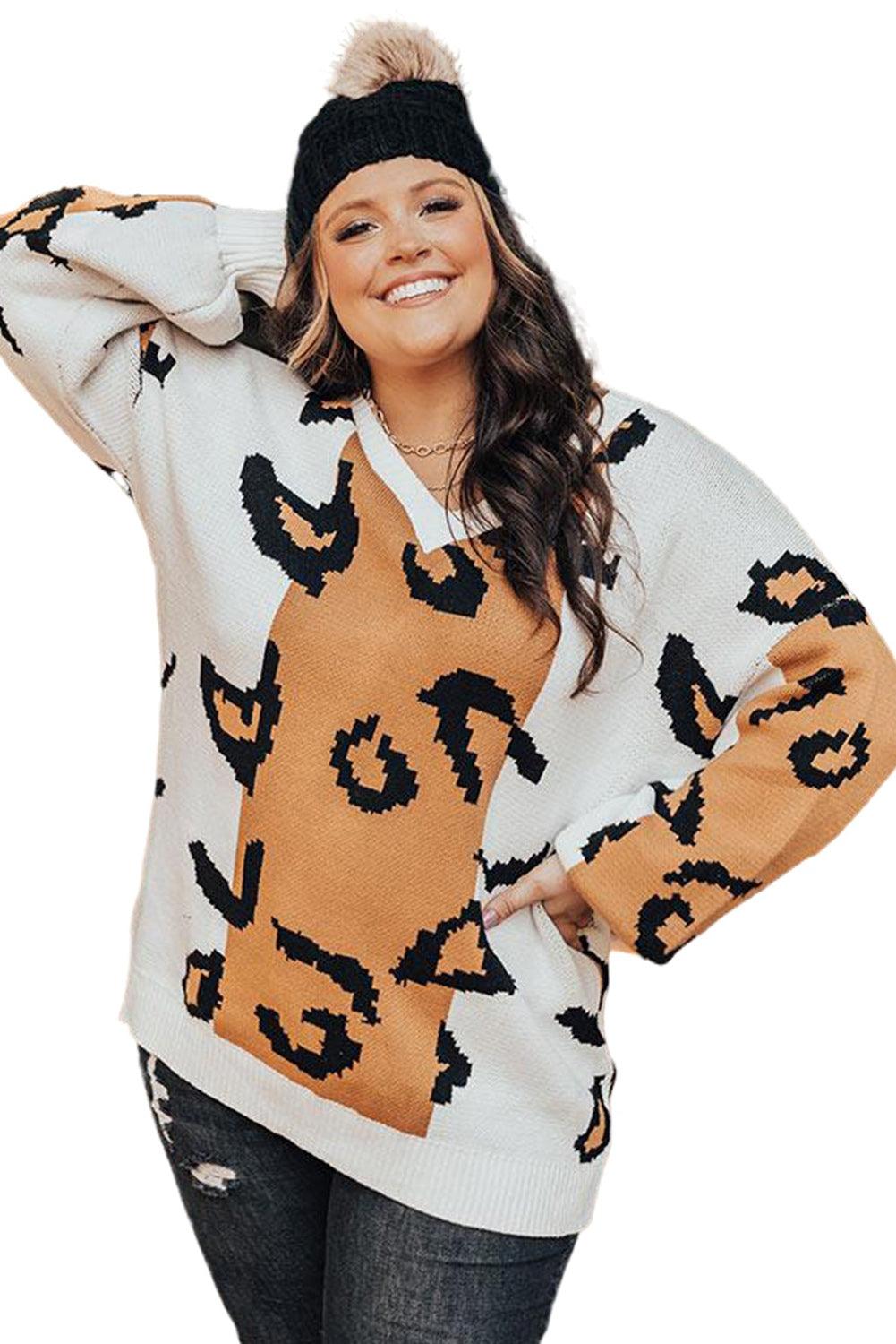 Leopard Print Colorblock Drop Shoulder Plus Size Sweater - L & M Kee, LLC
