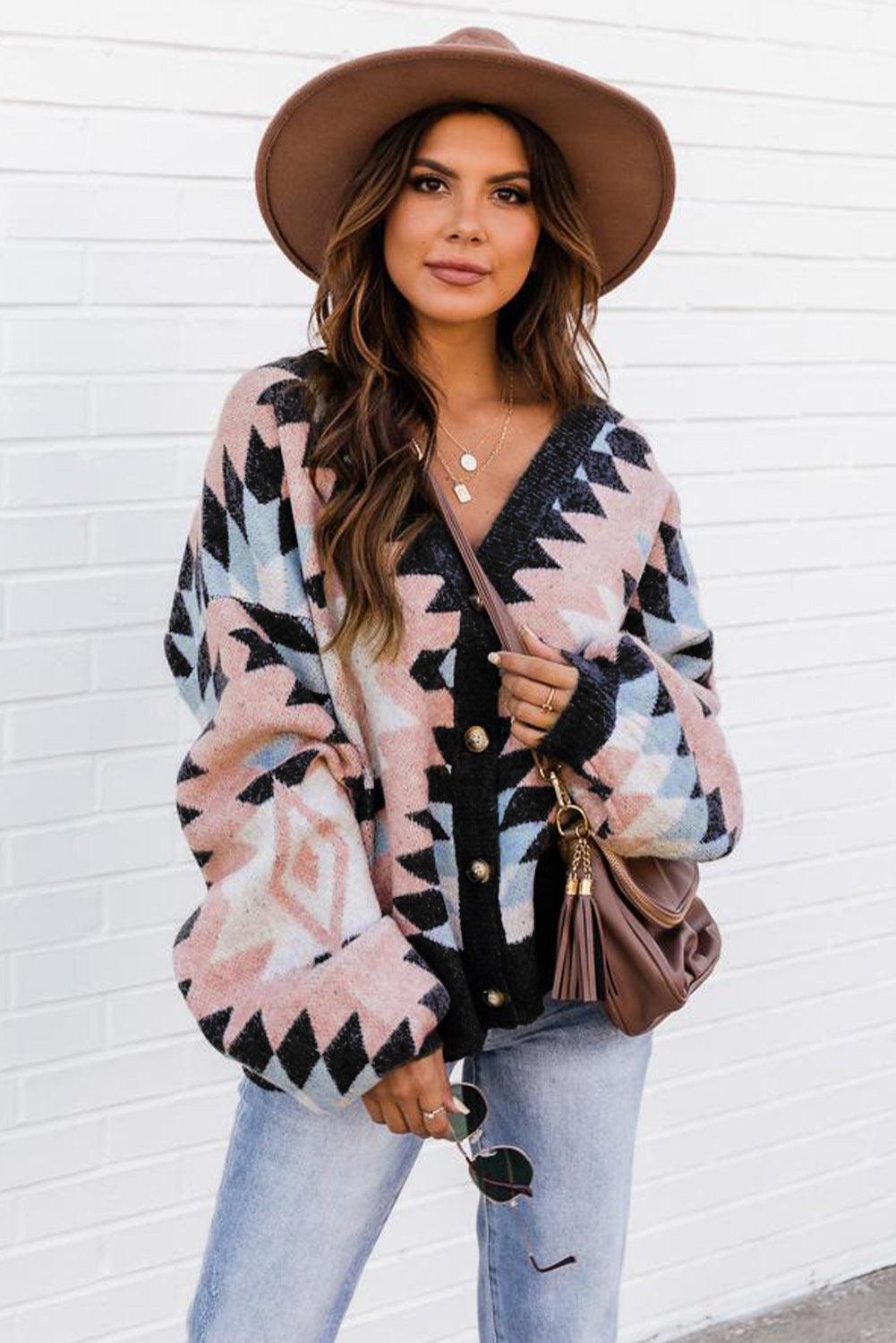 Oversized Aztec Buttons Front Cardigan - L & M Kee, LLC