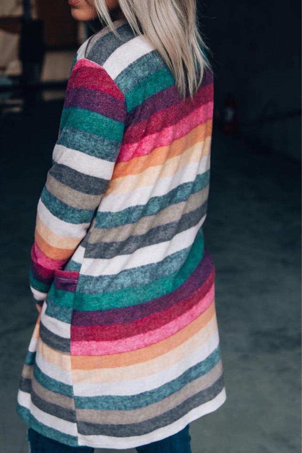 Multicolor Striped Print Long Sleeve Open Front Long Cardigan - L & M Kee, LLC