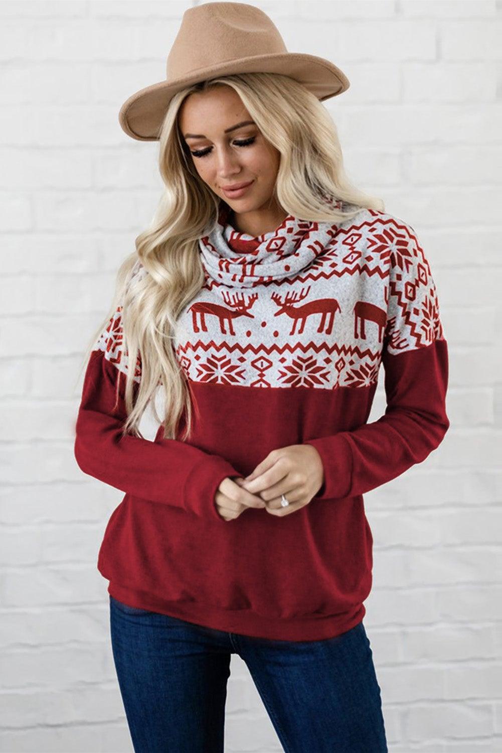 Christmas Elk Snowflake Color Block Cowl Neck Sweatshirt - L & M Kee, LLC