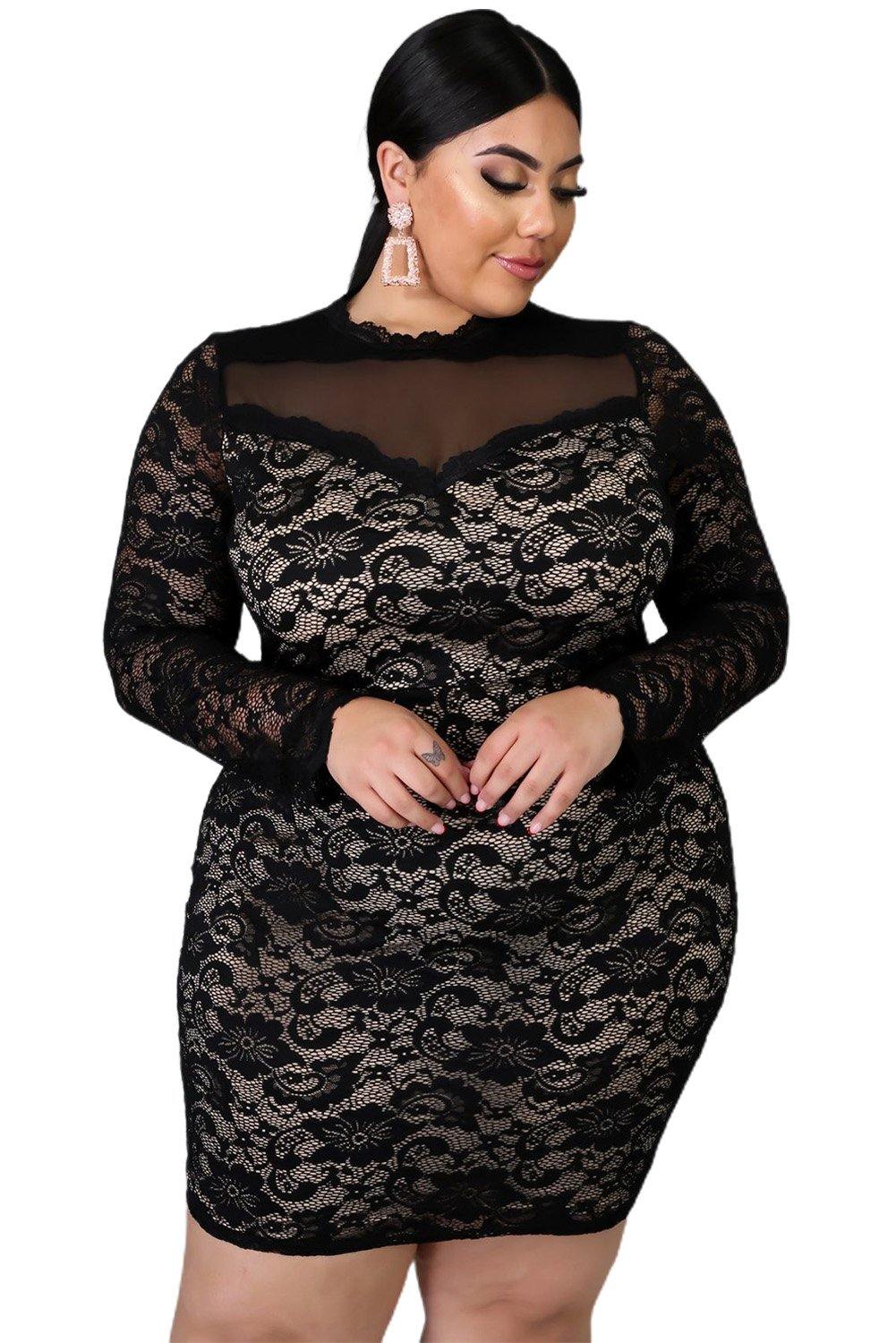 Long Sleeve Lace Mesh Splicing Floral Plus Size Dress - L & M Kee, LLC