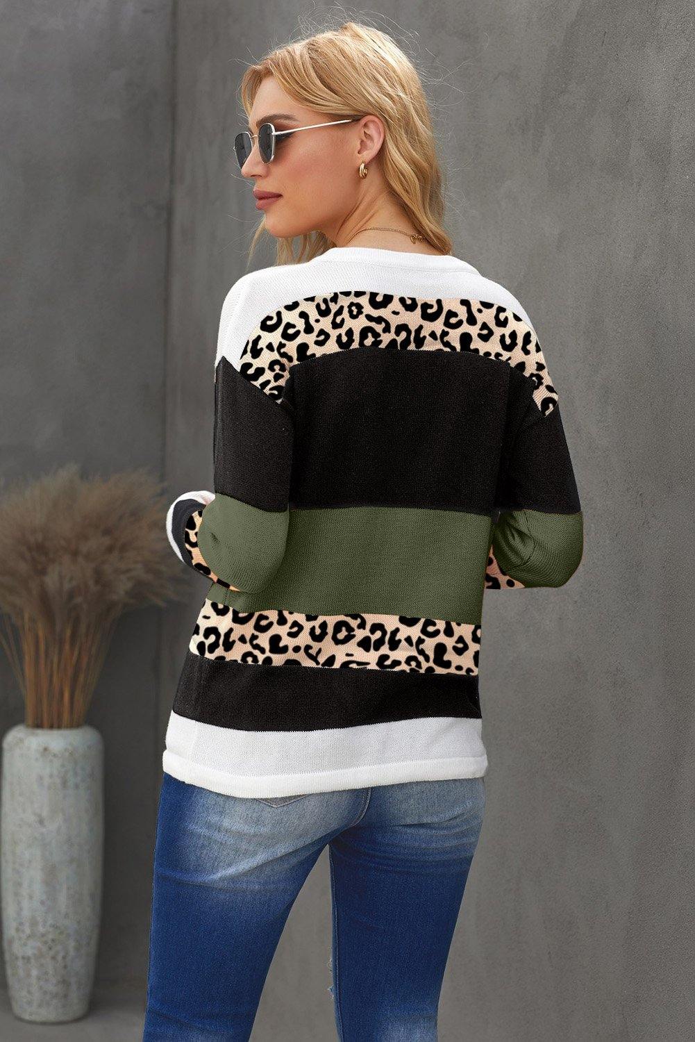 Crewneck Leopard Color Block Knit Pullover Sweater - L & M Kee, LLC