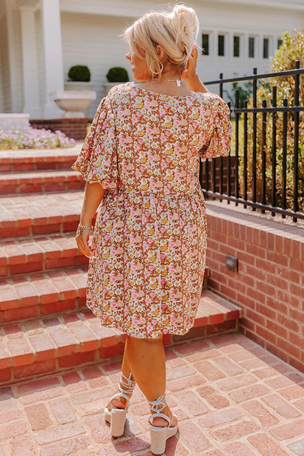 Multicolor Plus Size Floral Print Puff Sleeves Dress - L & M Kee, LLC