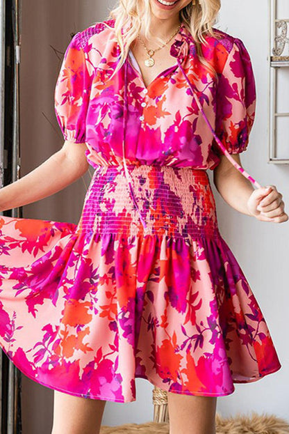 Floral Smocked Waist Bubble Sleeve Flare Dress