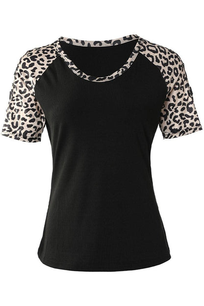 Leopard Color Block Cut Out Short Sleeve Top - L & M Kee, LLC