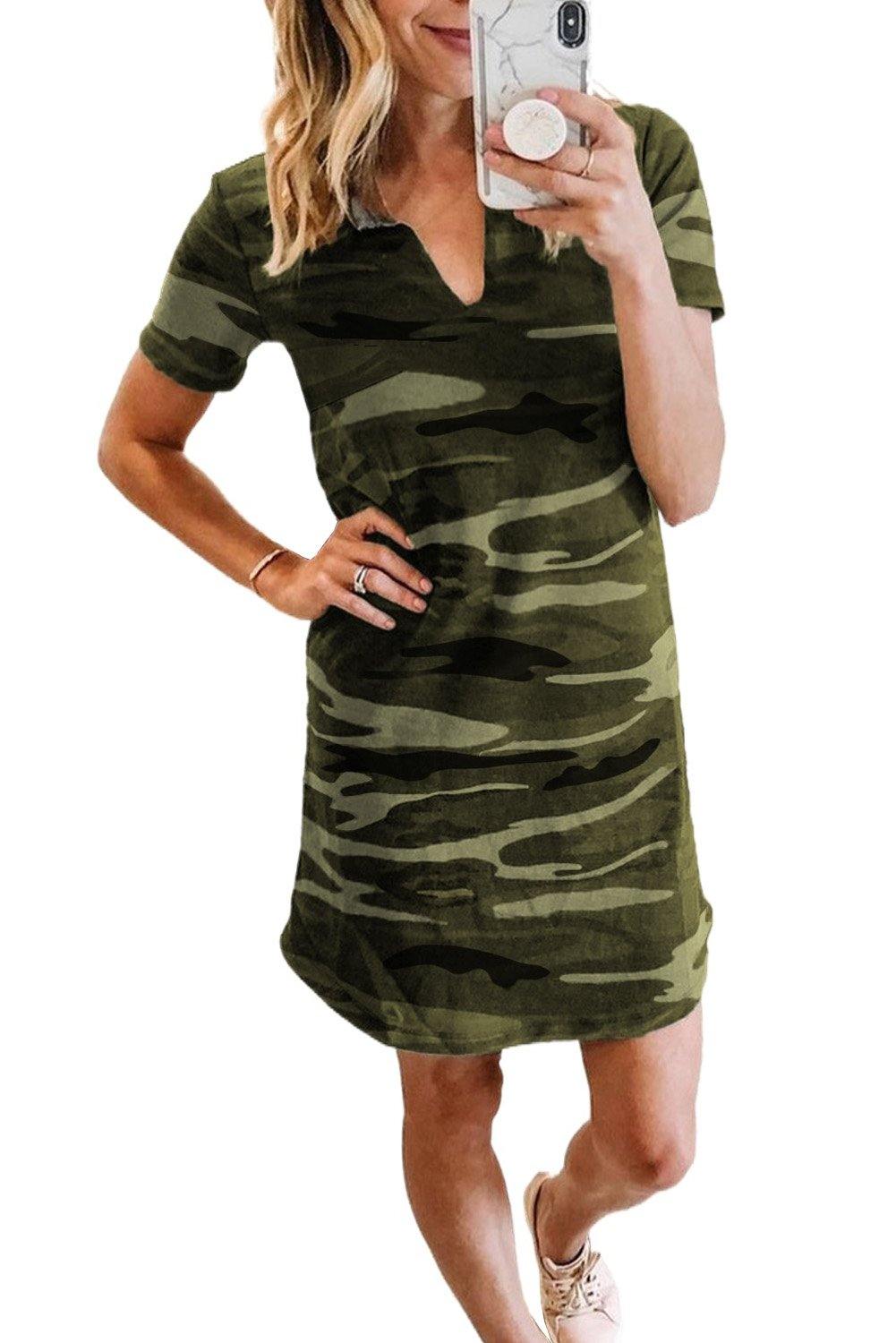 Camouflage Print V Neck T-shirt Cotton Mini Dress - L & M Kee, LLC