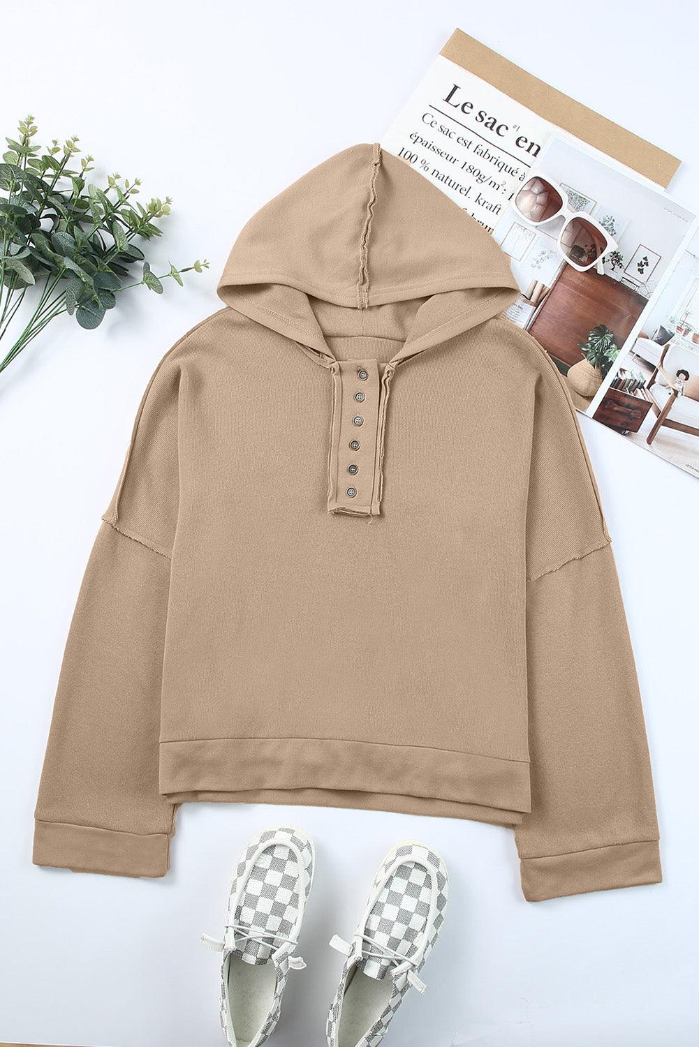 Casual Button Solid Patchwork Trim Hoodie - L & M Kee, LLC