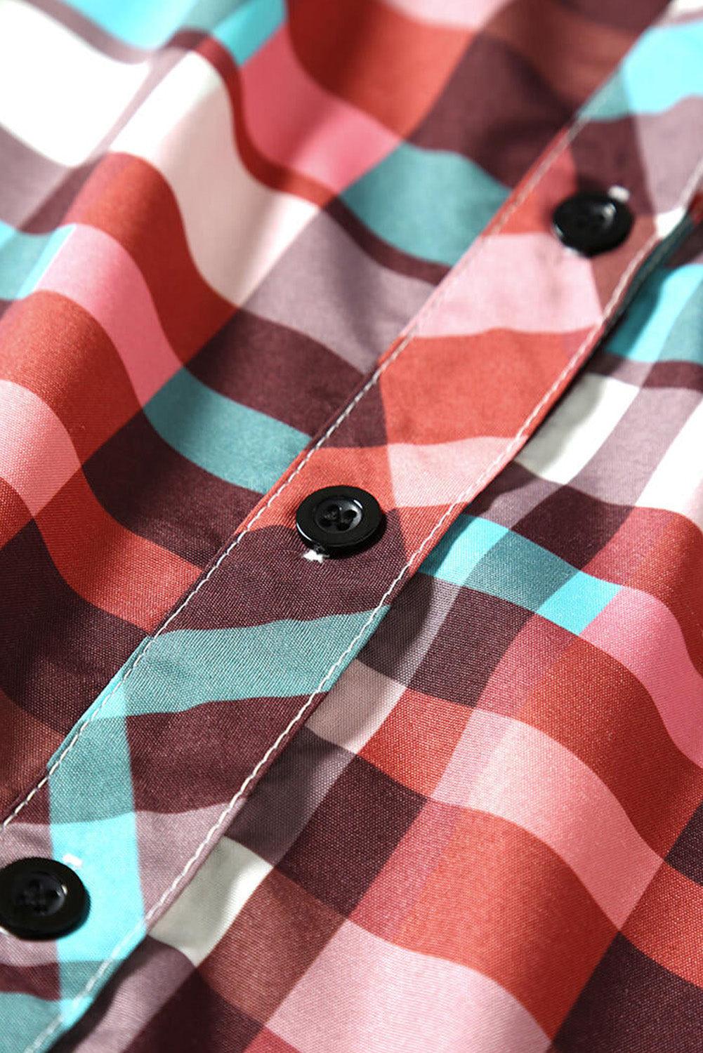 Multicolor Long Sleeve Pockets Buttoned Plaid Mini Dress - L & M Kee, LLC