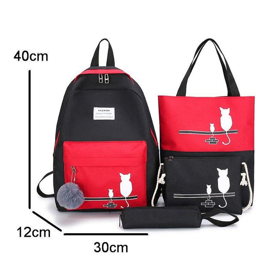 FUNMARDI 4Pcs/Set Canvas Cat Pattern School Bag - L & M Kee, LLC