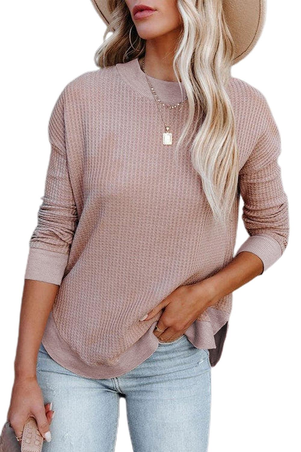 Crew Neck Ribbed Trim Waffle Knit Top - L & M Kee, LLC