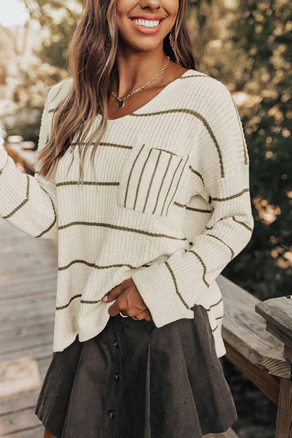 Stripe Chest Pocket Striped Sweater - L & M Kee, LLC