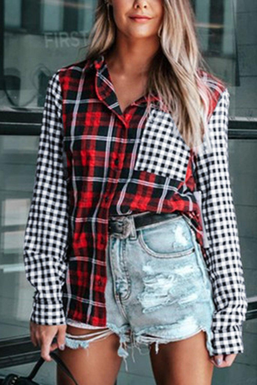 Plaid Splicing Hit Color Pockets Turndown Collar Long Sleeve Shirt - L & M Kee, LLC