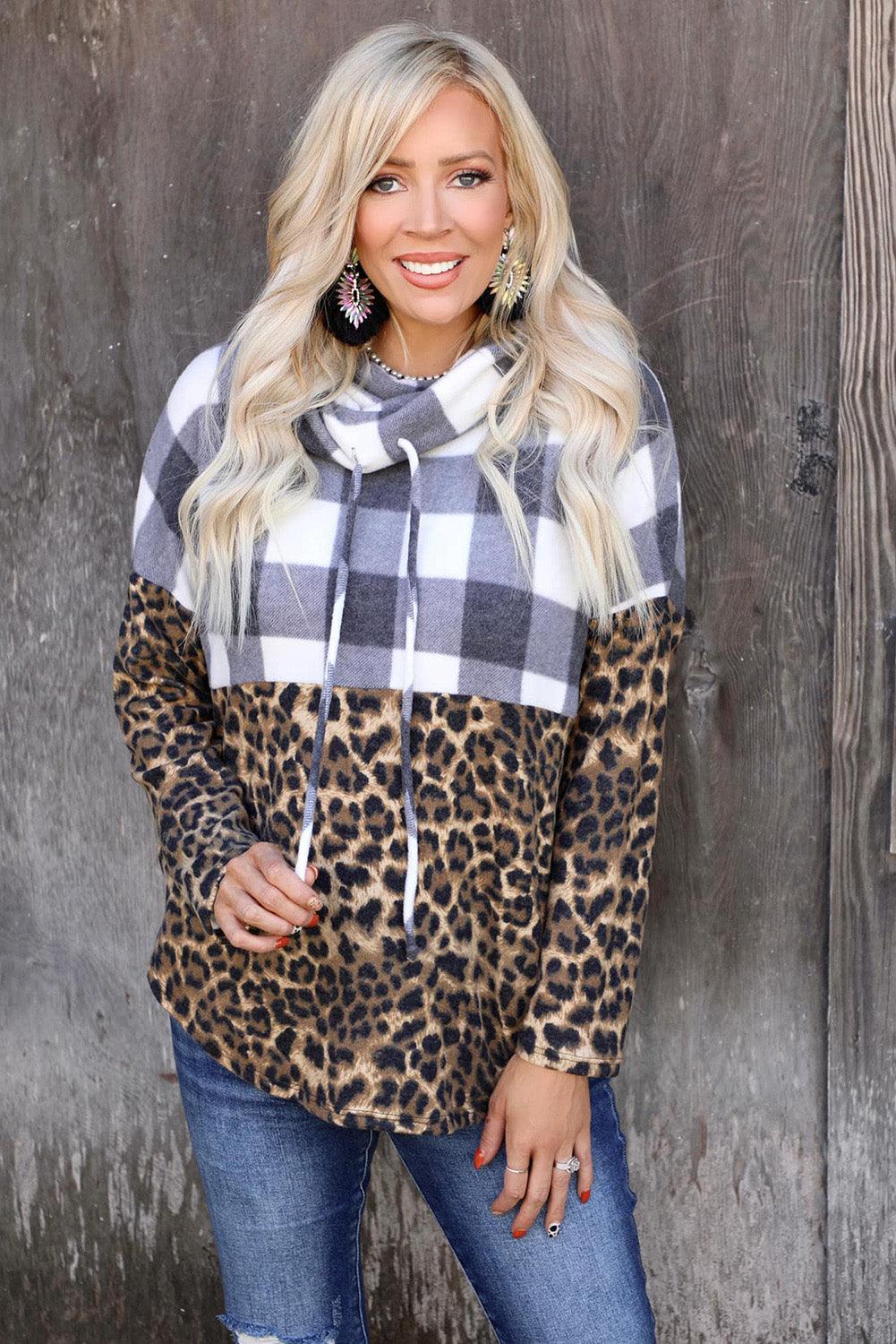 Leopard Plaid Patchwork Cowl Neck Sweatshirt - L & M Kee, LLC