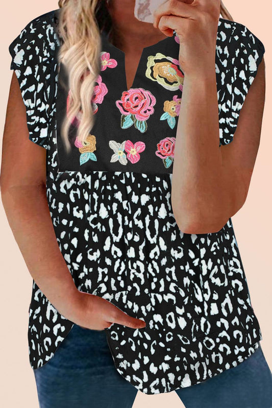 Flower Print Splicing Short Sleeve Plus Size Tunic - L & M Kee, LLC