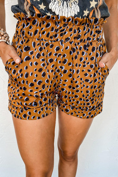Leopard Print Ruffle Elastic Waist Shorts