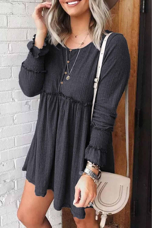 Textured Button Long Sleeve Babydoll Dress - L & M Kee, LLC