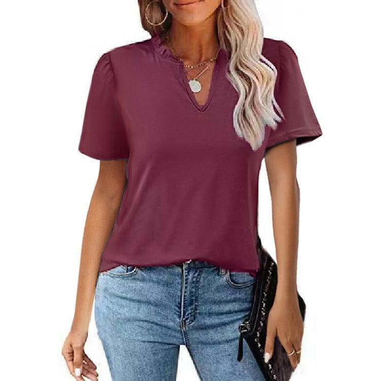 Popular Edge V-Neck Pleated Casual Short Sleeve Shirt - L & M Kee, LLC