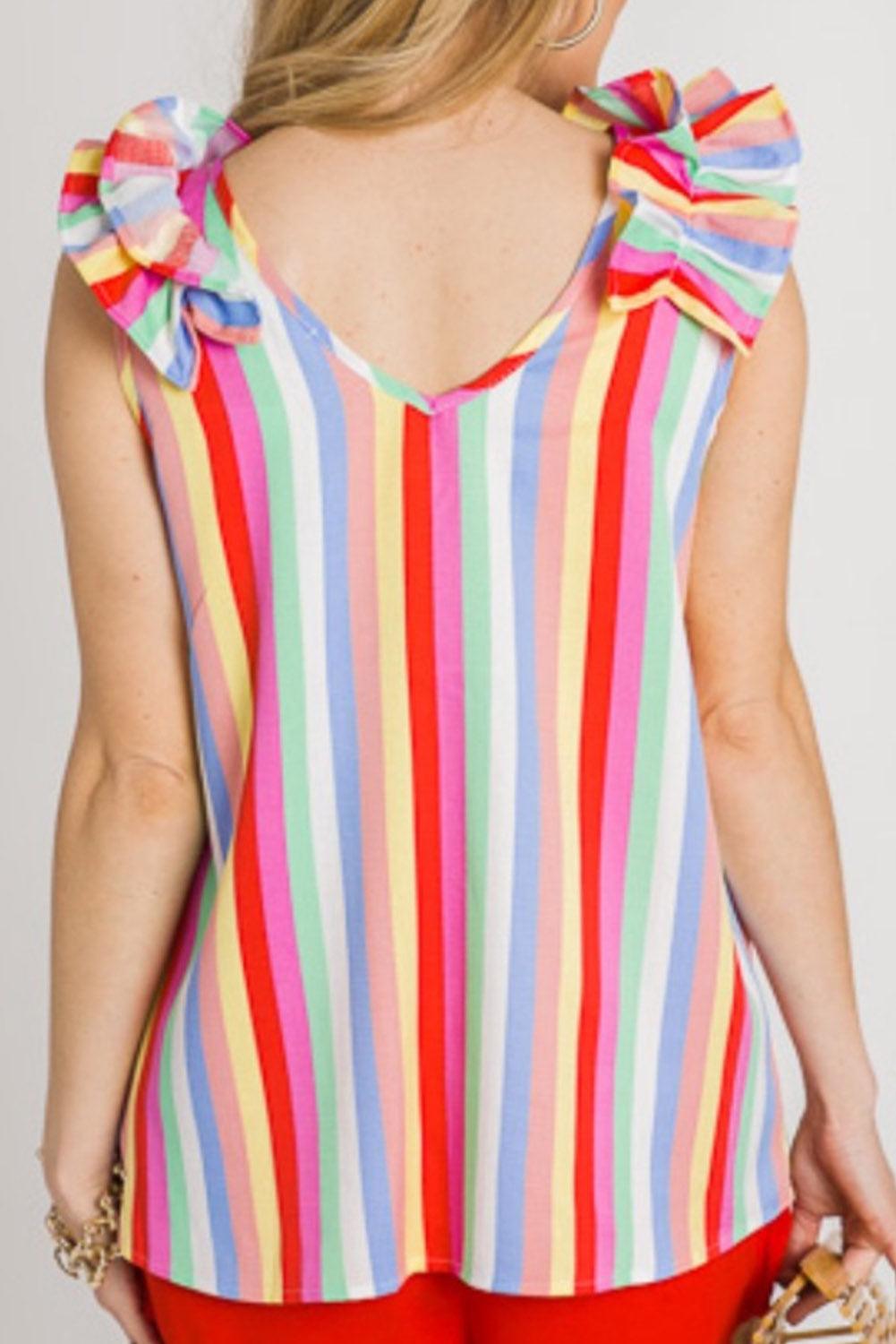 Multicolor Striped V Neck Ruffle Straps Tank Top - L & M Kee, LLC