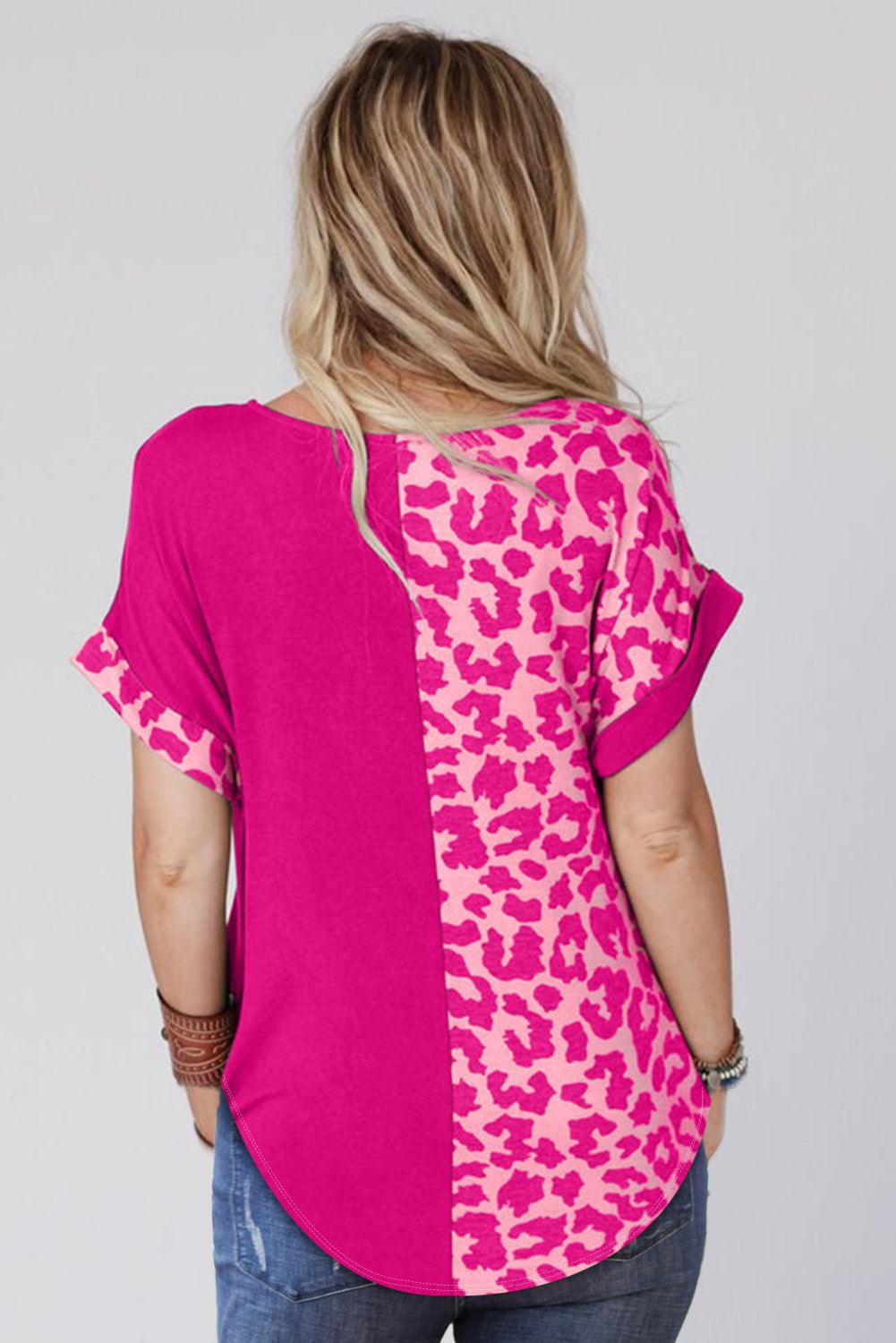 Half Leopard Patchwork Short Sleeves Top - L & M Kee, LLC