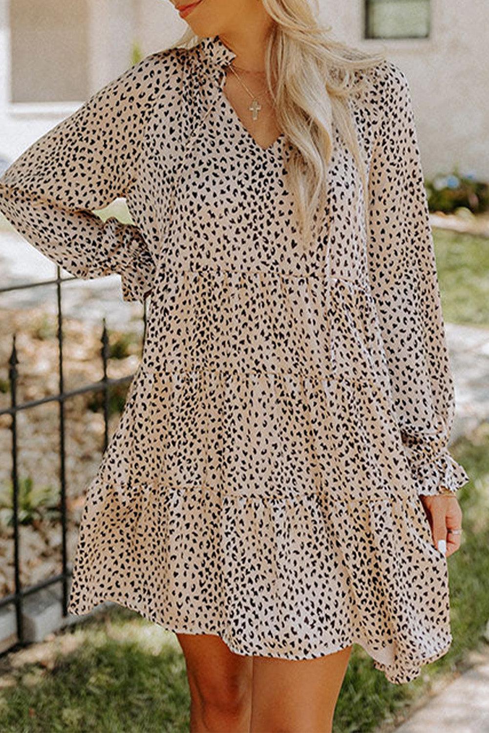 Khaki Leopard Print Ruffled V Neck Long Sleeve Mini Dress - L & M Kee, LLC