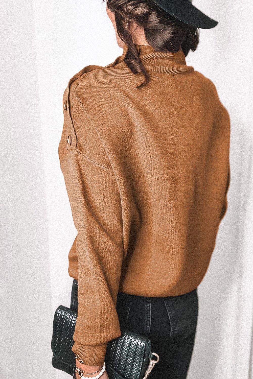 High Neck Button Shoulder Long Sleeve Sweater - L & M Kee, LLC