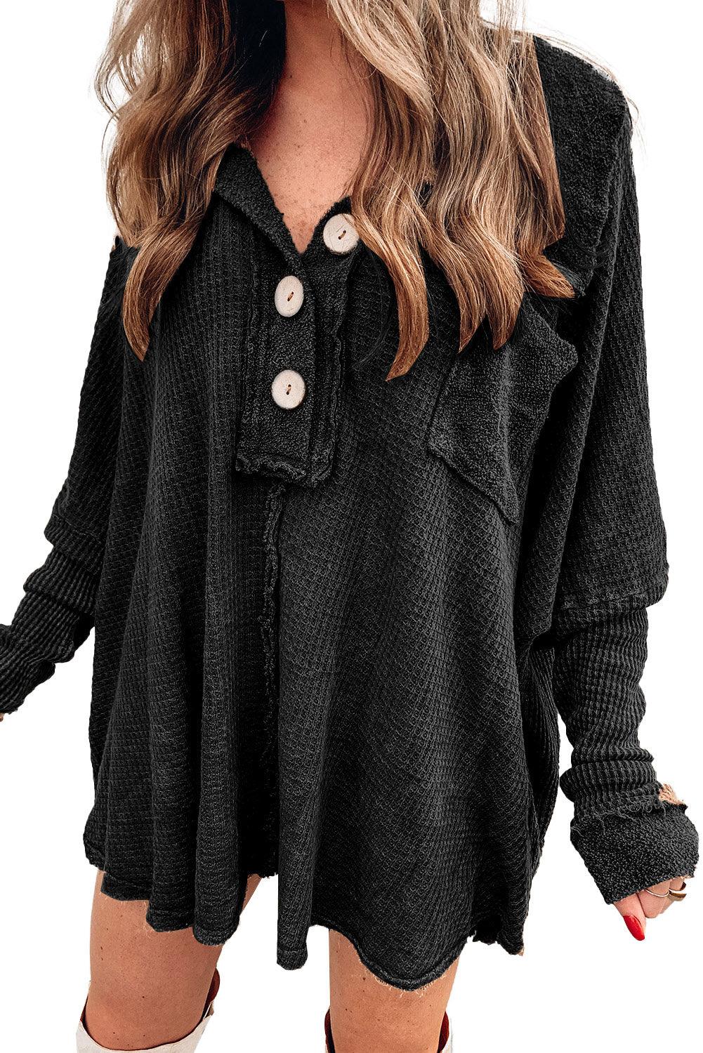 Waffle Knit Buttoned Long Sleeve Top - L & M Kee, LLC