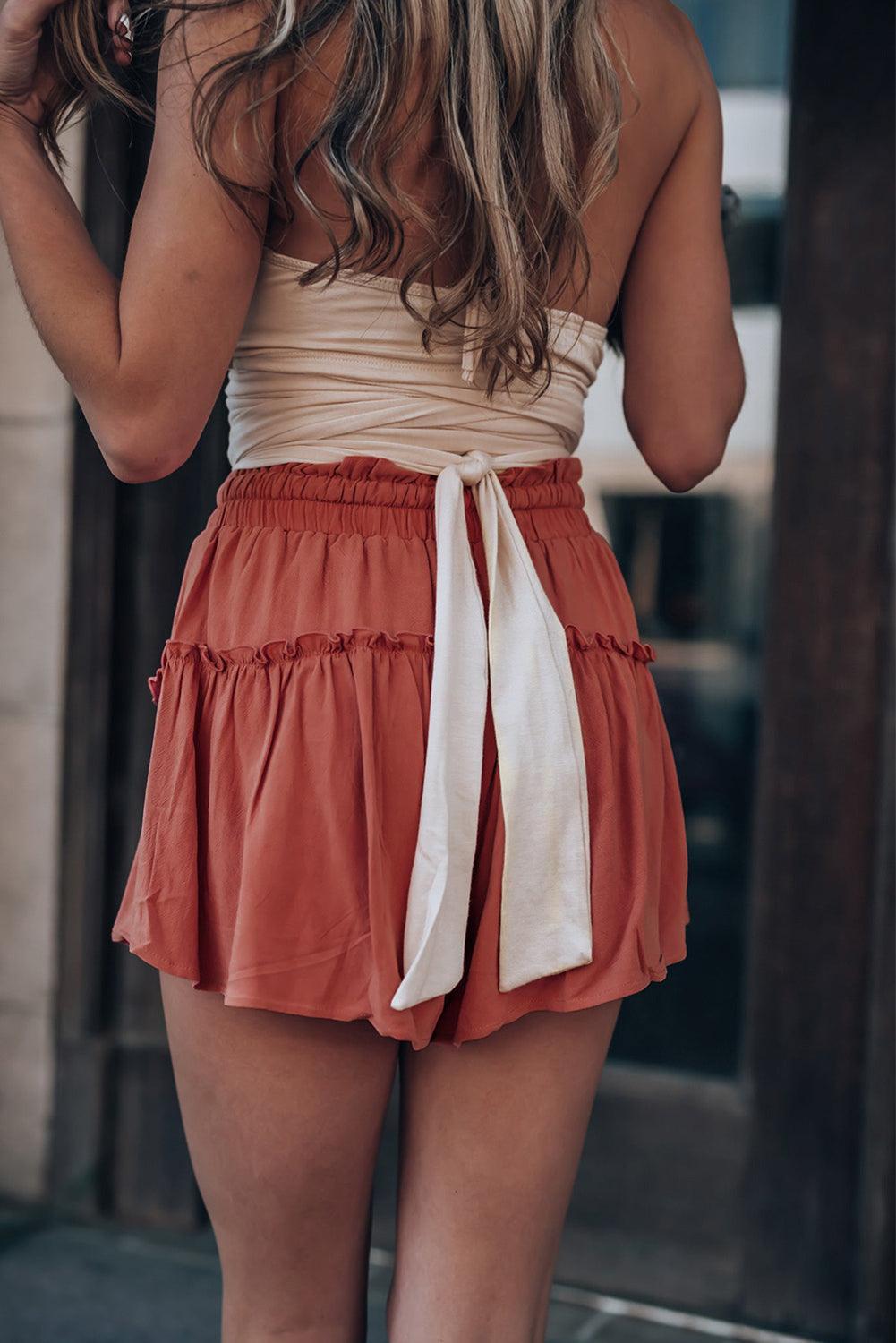 Solid Belted Frill Trim Casual Shorts - L & M Kee, LLC