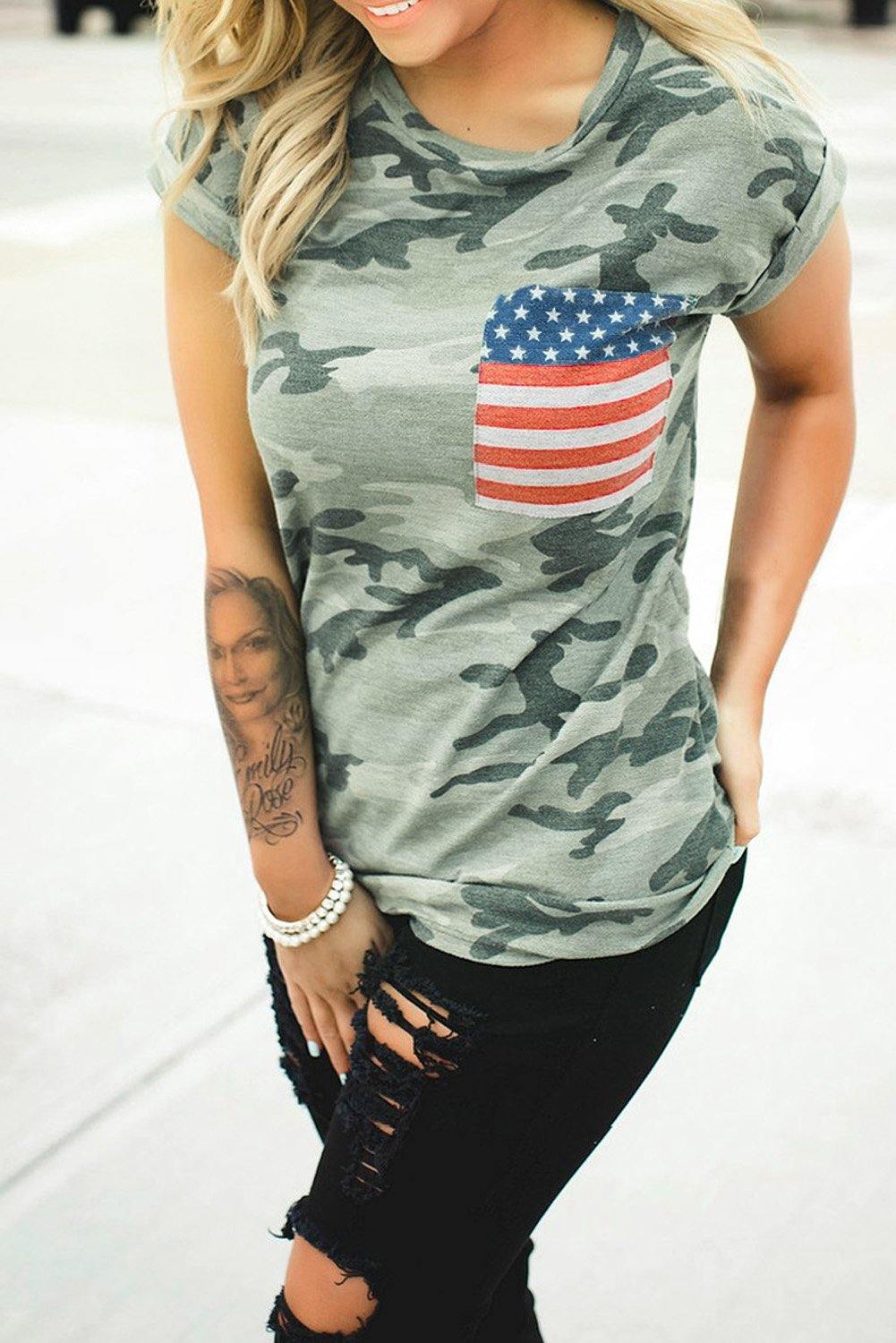 Camouflage Printed American Flag Pocket T-shirt - L & M Kee, LLC
