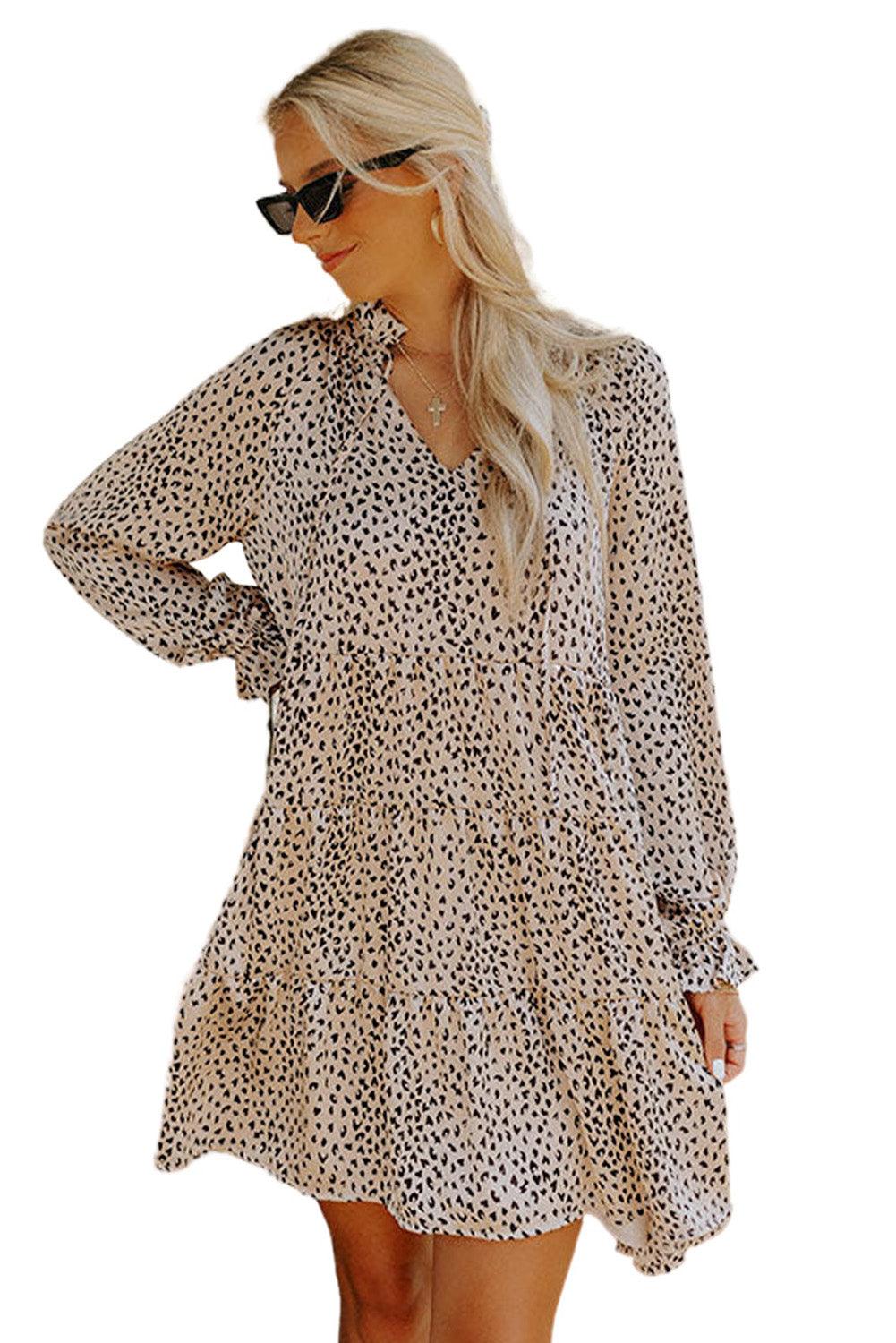 Khaki Leopard Print Ruffled V Neck Long Sleeve Mini Dress - L & M Kee, LLC