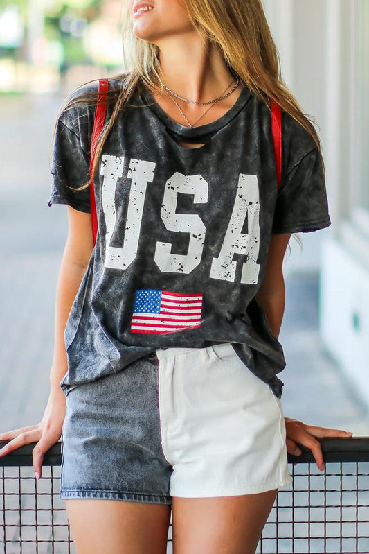 Distressed Tie-dye USA Flag Print T-shirt - L & M Kee, LLC