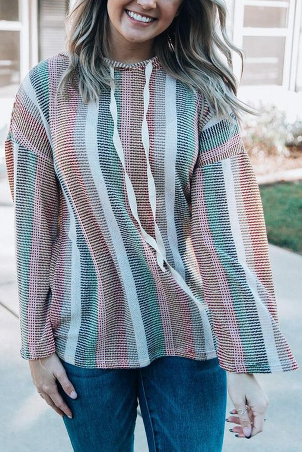 Multicolor Striped Drop Shoulder Textured Knit Hoodie - L & M Kee, LLC