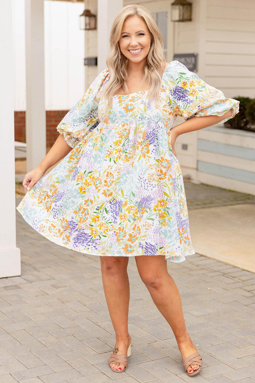 Multicolor Plus Size Floral Print Ruffle Bubble Sleeve Babydoll Dress - L & M Kee, LLC