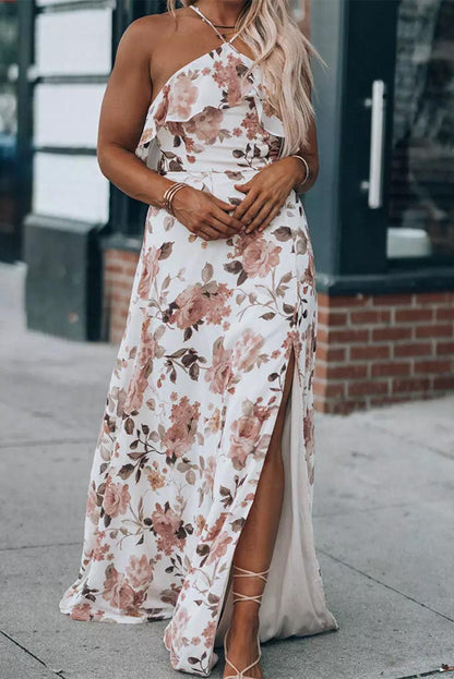 Floral Slit Ruffled Halterneck Maxi Dress - L & M Kee, LLC