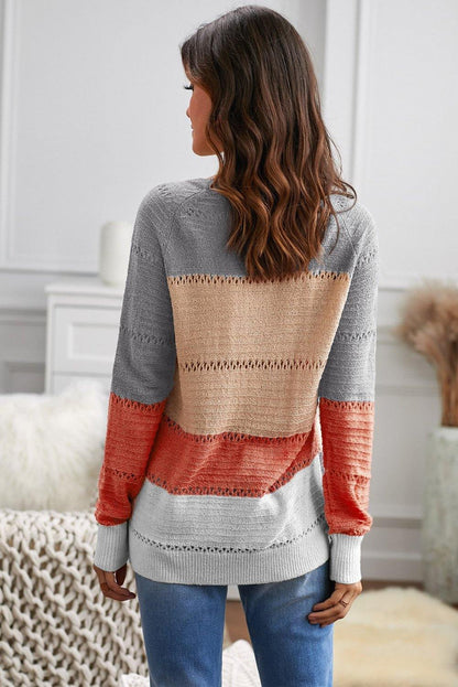 Multi-color Knitted Color Block Long Sleeve Crew Neck Sweater - L & M Kee, LLC