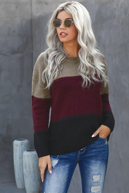 Gray Color Block Netted Texture Pullover Sweater - L & M Kee, LLC