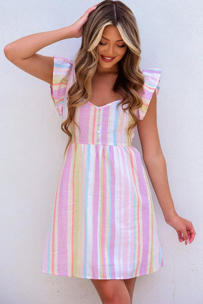 Multicolor Striped Tiered Ruffle Cap Sleeve Top